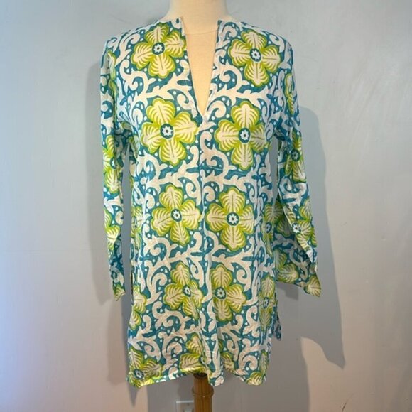 Vintage Barbara Gerwit 100% pure cotton turquoise/green tunic blouse size L - Picture 1 of 10
